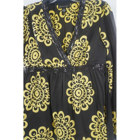 INC International Concepts Black Yellow 100% Silk Sequin V-Neck Blouse Size 8 - Picture 6 of 12